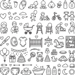 Fototapeta premium Baby-themed doodles with toys, parents, and nursery items in black and white 