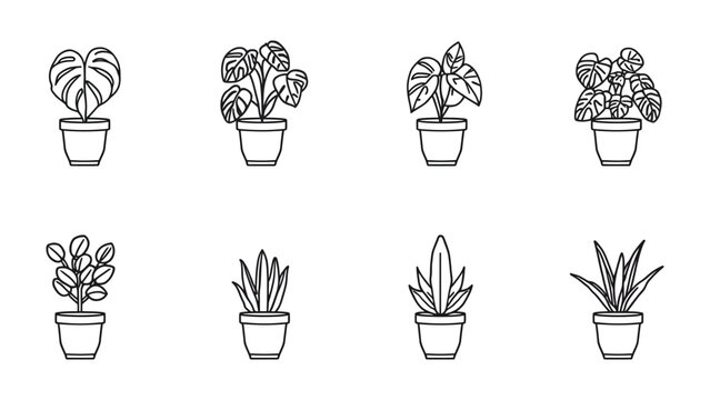 Plant Pot Icon Set: Various types of plant are growing in small pot arranged on white background.