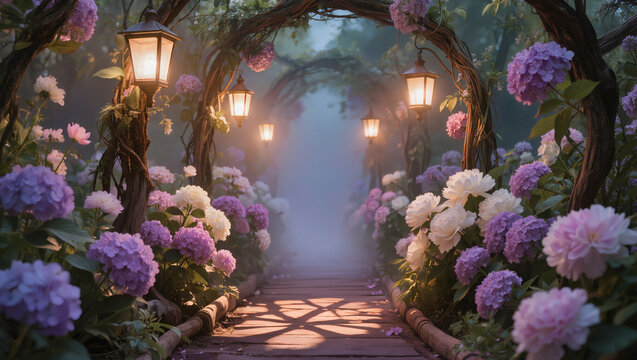 Enchanted Garden Pathway with Glowing Lanterns and Hydrangea Flowers