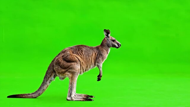 A large adult kangaroo stands calmly on a bright green screen, ideal for various wildlife and nature projects.