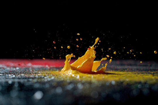 Bright Paint Merges On Shadowed Background. Dynamic Spray Of Colors Freezes In Energetic Macro Shot