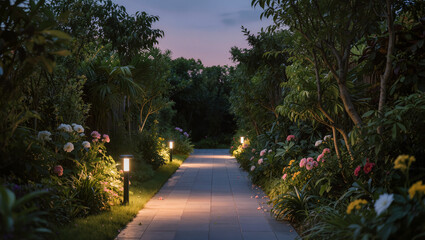 Fototapeta premium Evening Garden Path with Illuminating Lights and Lush Greenery