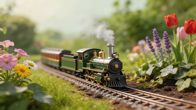 Toy train on garden track with flowers