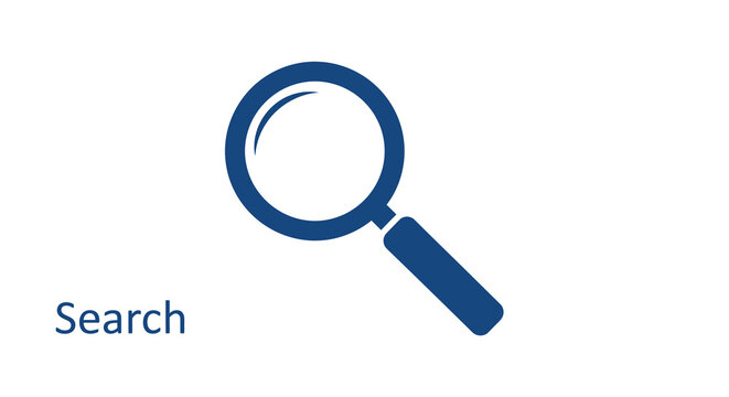 magnifying glass icon with blue outline on white background