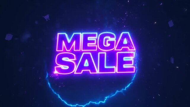 Mega Sale neon sign with glowing purple text, electric blue lightning border and floating shopping icons, retail promotion motion graphics