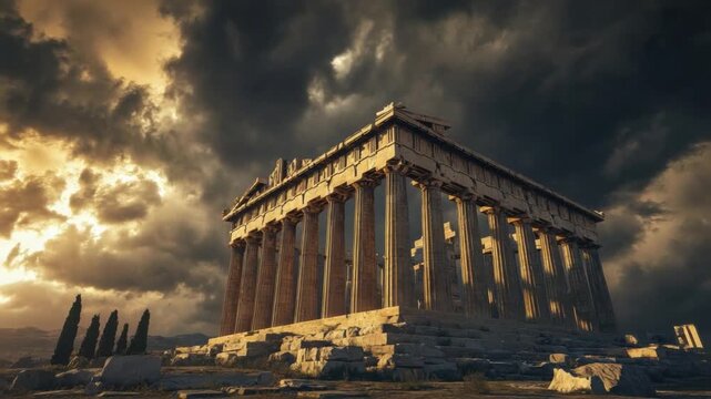 Ancient Parthenon temple on Acropolis 
Athens Greece with dramatic stormy sky, 
ancient civilization travel concept