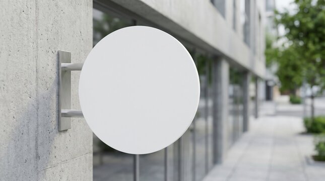 A blank white sign is mounted on the wall of a modern building exterior.