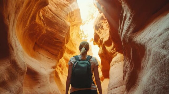 Female traveler from behind exploring 
dramatic red rock canyon formation, 
USA adventure travel concept