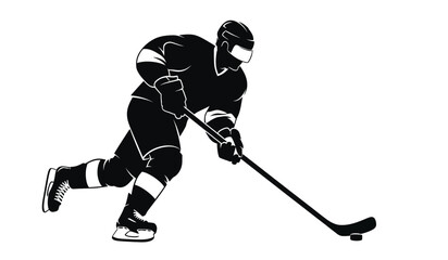 A dynamic depiction showcases a hockey player in full gear poised to strike the puck with intensity a striking silhouette high quality professional detailed © rsvect02