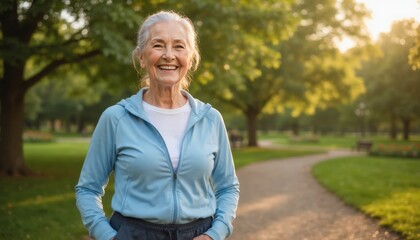 Obraz premium Joyful Journey: An active senior woman smiles radiantly while walking along a park pathway on a beautiful day, embracing a healthy lifestyle.