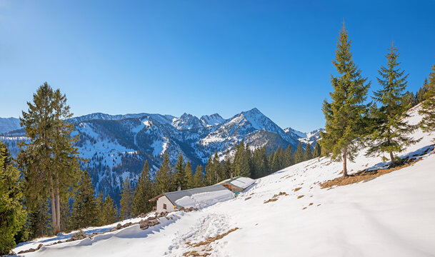 alpine hut Seeberg mountain. view to peaks of  Miesing and Rotwand. winter scenery bavaria