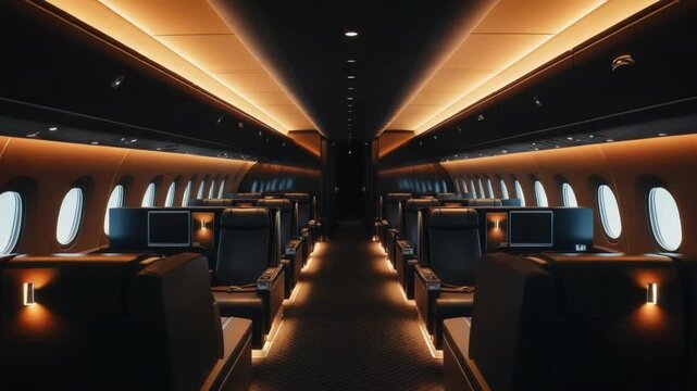 Luxury train interior corridor 
with warm golden lighting and 
seats, premium travel concept
