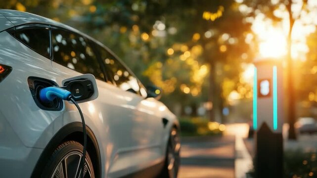 Electric vehicle EV charging with 
futuristic glowing connector, 
green technology innovation concept