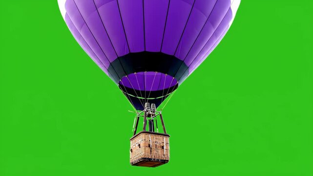 A large purple and white hot air balloon with its wicker basket and burner system floats gracefully on a green screen for easy compositing
