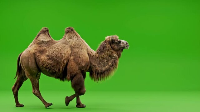 A large, furry Bactrian camel walks across a vibrant green screen, ideal for chroma keying and visual effects. Perfect for desert, wildlife, or travel-themed projects.