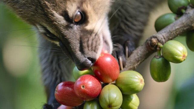 Asian Palm Civet Eating Ripe Red Coffee Cherries Directly from the Branch