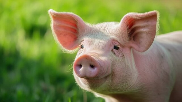 Cute pink pig close up portrait 
on green farm background, livestock 
agriculture farming concept