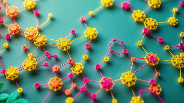 Colorful plastic construction connects forming network. Bright yellow, orange, pink elements visible on teal background. Complex structure.