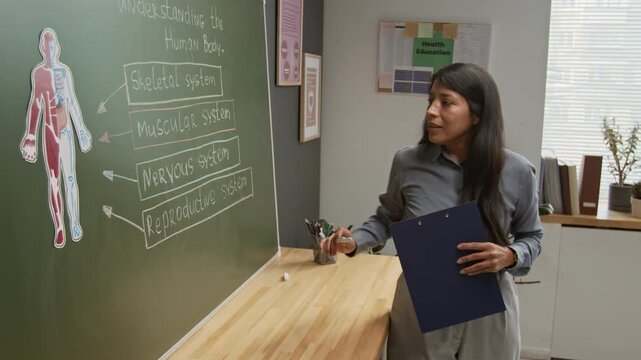 Medium side shot of young Hispanic female teacher explaining human body diagram on chalkboard, pointing to skeletal, muscular, nervous and reproductive systems at health education lesson