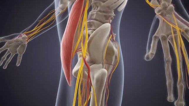 Detailed 3D Medical Animation of Psoas Major Muscle, Pelvis Bones and Nervous System, showing muscle contraction sequence