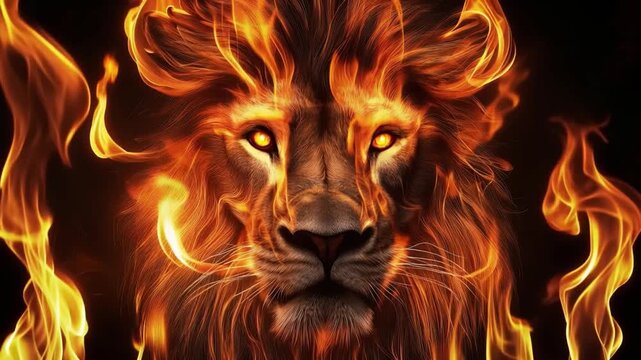 Majestic lion face with dramatic fire and golden light, power strength and wildlife concept

