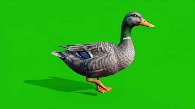 A lifelike 3D rendered mallard duck, with vibrant green head and grey feathers, walks on a green screen.