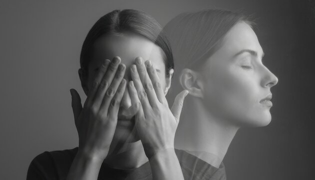 Inner Conflict: A monochrome portrait reveals the struggle of the self, with one face veiled in secrecy, and another in serene contemplation. A visual metaphor for the mind's duality.