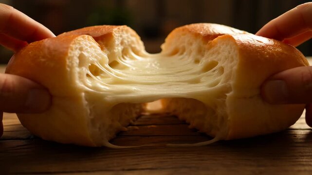 Golden shokupan bun being pulled apart revealing stretchy cheese filling. Delicious Japanese milk bread with a gooey center.