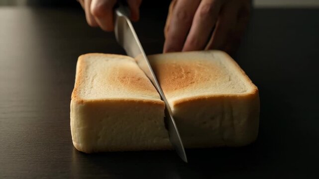 Hands slicing a fluffy shokupan loaf on a dark surface. The Japanese milk bread reveals its soft texture.