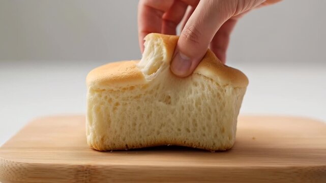 Hand gently pressing down on a freshly baked shokupan loaf. The soft Japanese milk bread slowly tears apart revealing its fluffy interior.