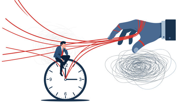 Businessman sitting on a large round clock while a giant hand manipulates red strings tied to him representing time management and stress.