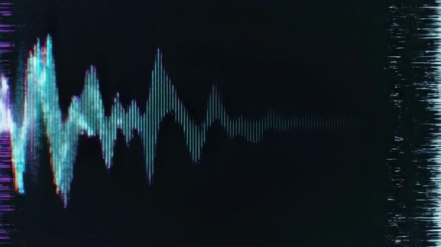 Vibrant soundwave pattern on a dark backdrop, displaying dynamic peaks and troughs, with static effects