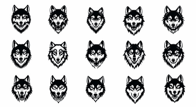 Collection of 15 unique wolf head illustrations in black and white various expressions isolated on white background for design and artistic use