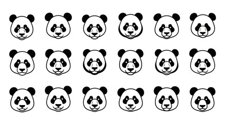 Multiple panda faces in rows black and white illustration cute animal icons simple graphic design elements © Prema