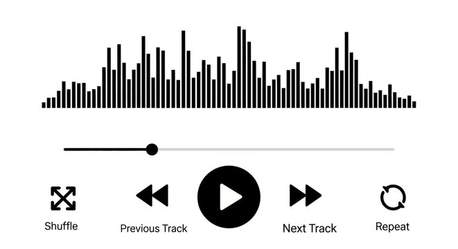 Minimalist audio player interface vector, digital music waveform with playback controls, black sound wave visualization on white background