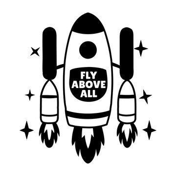 A glyph sticker of a spacecraft with fly above all typography 
