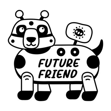 A glyph sticker of a robot dog with future friend typography 
