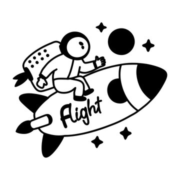 A glyph sticker of an astronaut flying on a rocket with flight typography
