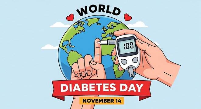 World diabetes day illustration with globe and blood glucose test
