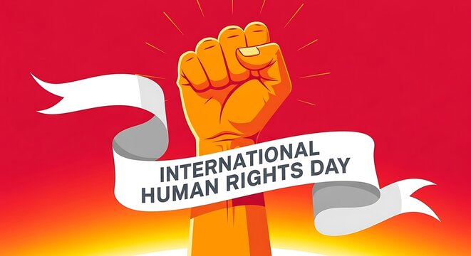 International human rights day with raised fist and ribbon banner