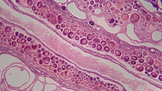 Microscopic tissue with layered cellular structures, showing cyclical development and vibrant pink hues, representing biological processes