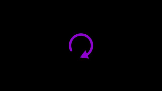 Purple circular arrow icon on a dark background indicating rotation or refresh. Circular arrow concept for interface visuals. Circular arrow glowing rotation for system interaction.