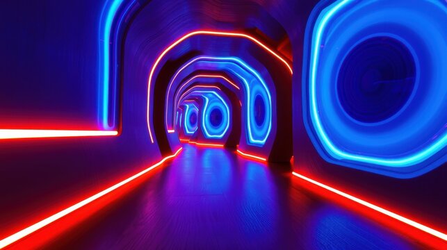 Futuristic tunnel glows with vibrant red, blue neon lights. Perspective creates infinite loop illusion. Dark background emphasizes luminosity.