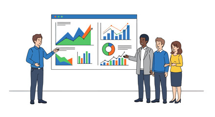 Fototapeta premium Young Professional Presenting Data Infographic on Digital Wall to Happy Colleagues in Minimalist Office Setting