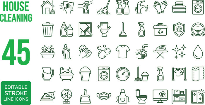 House Cleaning icon set. Housekeeping related line icons: washing, vacuum cleaner, detergent, cleaning tools, equipment, household appliances and more. Editable stroke. Vector illustration.