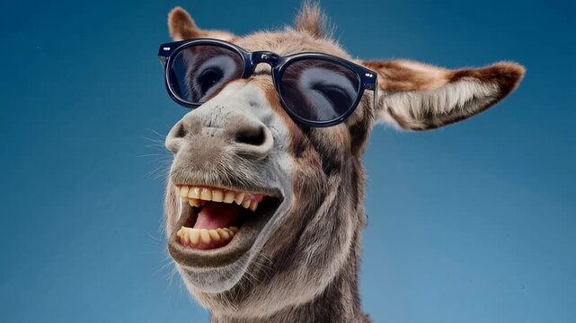 Funny donkey wearing sunglasses and laughing with mouth wide open. A close-up of a donkey's face wearing stylish sunglasses, its mouth open in a hearty laugh