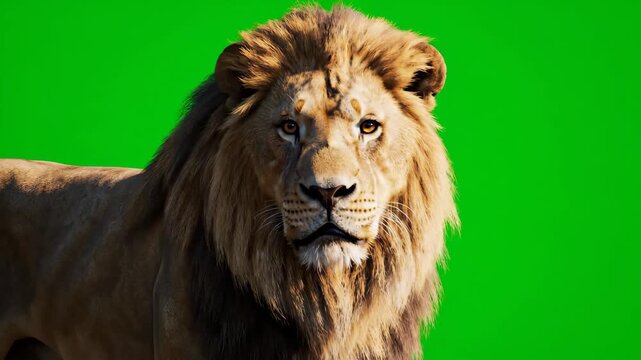 A majestic male lion with a powerful mane stands and observes its surroundings on a green screen. Ideal for visual effects and compositing projects.