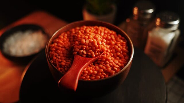 Red lentils in a wooden bowl with spoon on a table