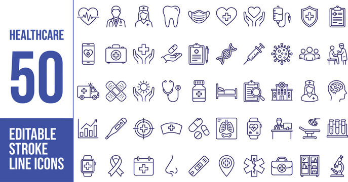 Healthcare icon set. Containing medicine, hospital, doctor, nurse, ambulance, medical, treatment, pills, mental care and more. Editable line icons. Vector illustration.