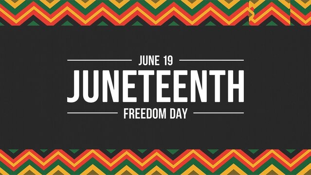 Juneteenth banner displays traditional patterns and bold text to honor the annual freedom celebration.